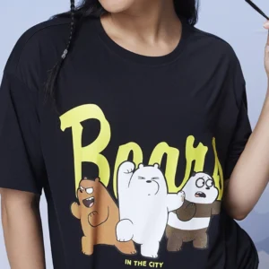Women's Black Bears In The City Graphic Printed Oversized T-shirt